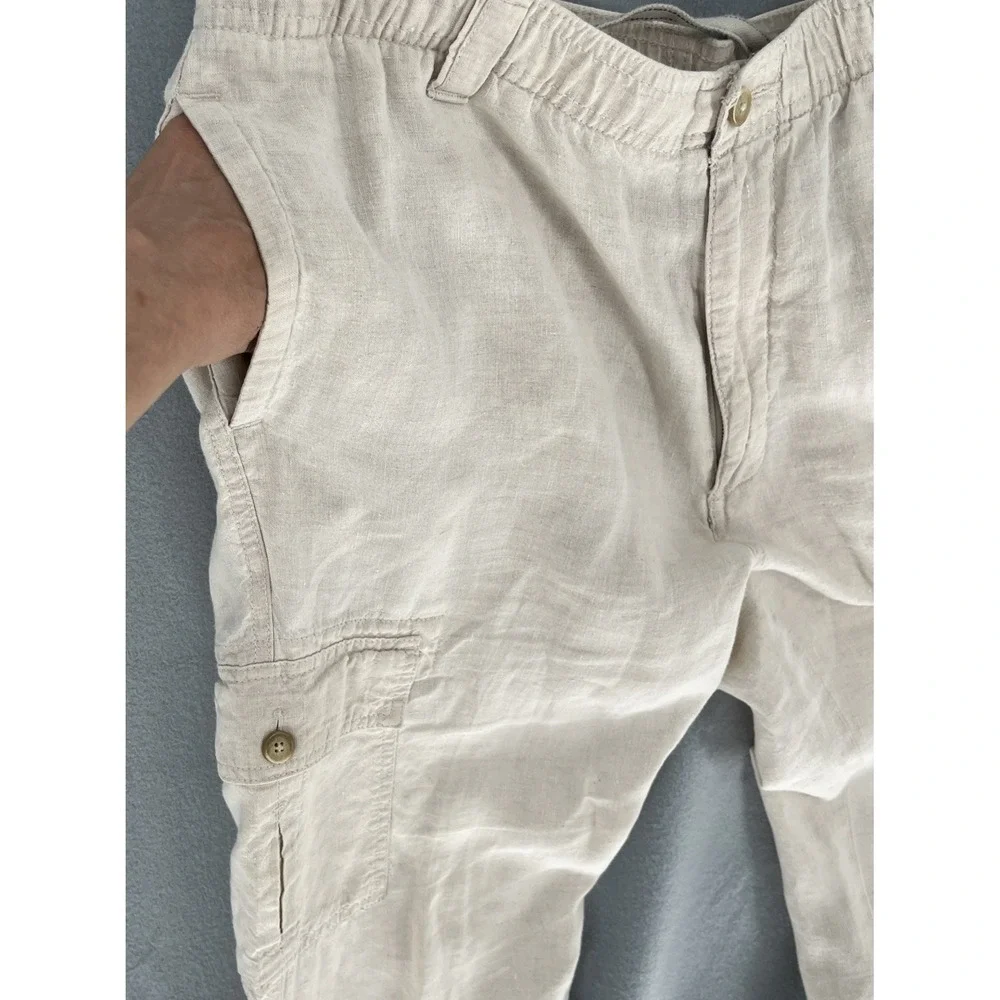 Caribbean Mens Cargo‎ Pants 32x30 100% Linen Straight Drawstring Relaxed Fit